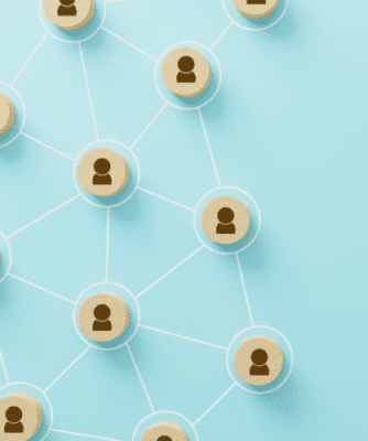 Pins with cartoon people on them connected by lines like nodes