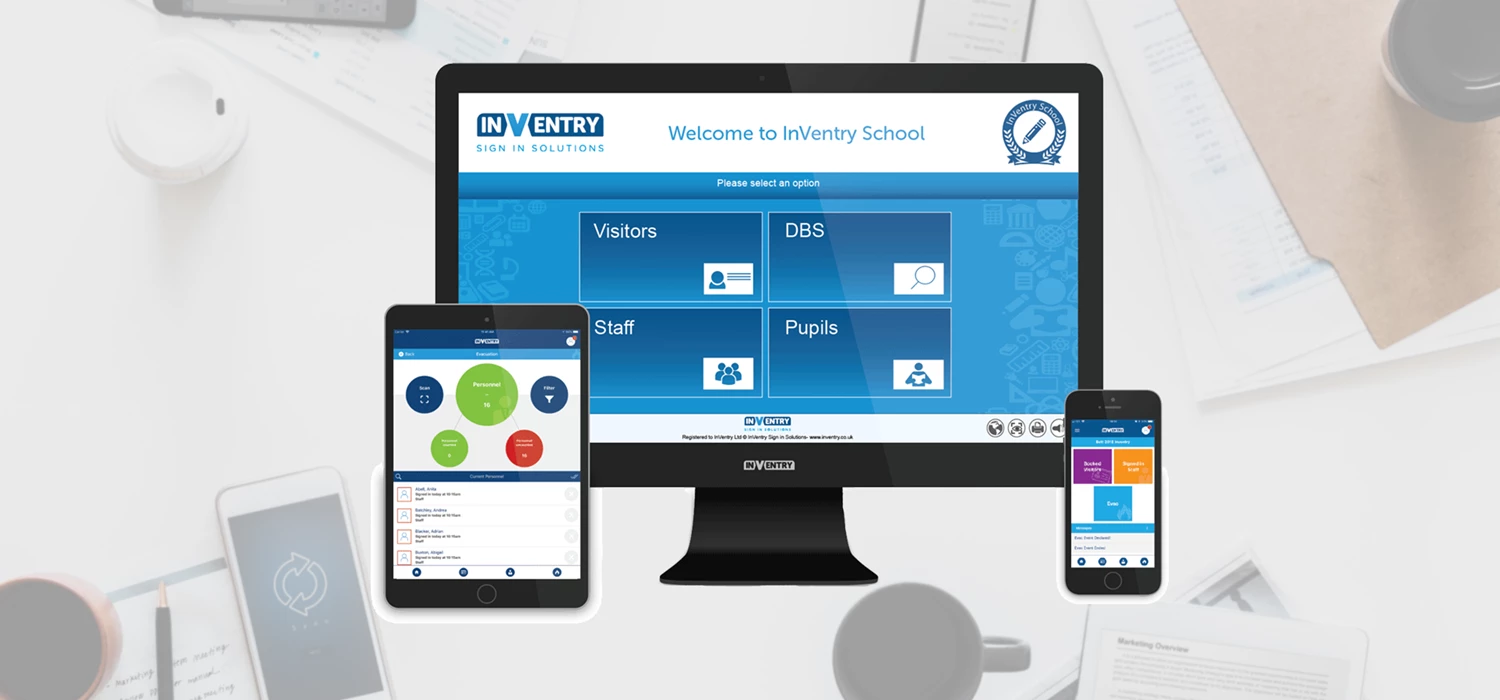Multiple screens showing the UI for Inventry, a safeguarding solution for education